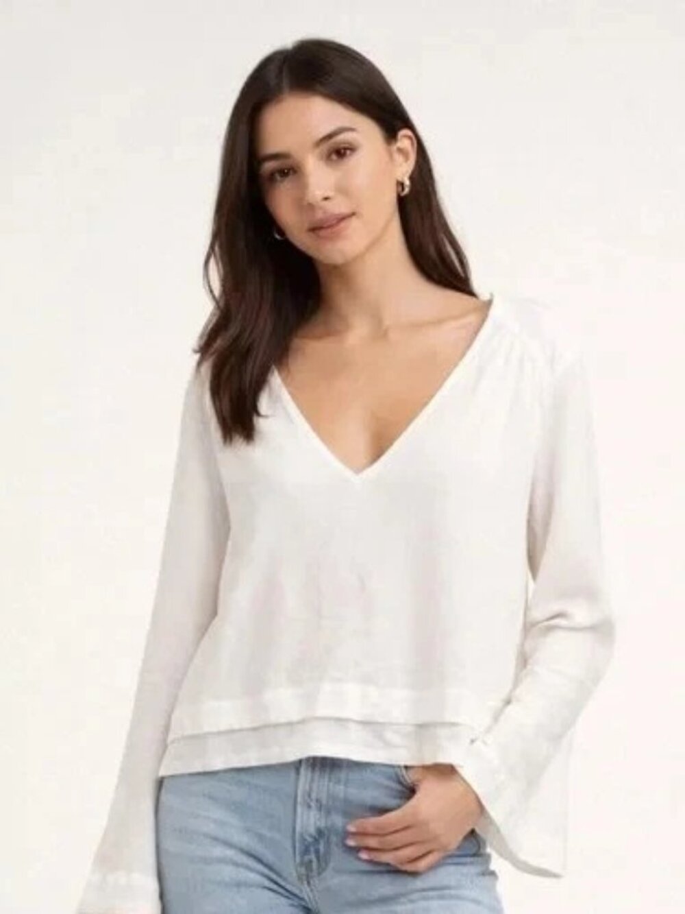 Free People White V-Neck Long Bell Sleeve Flowy Beach Boho Top Small